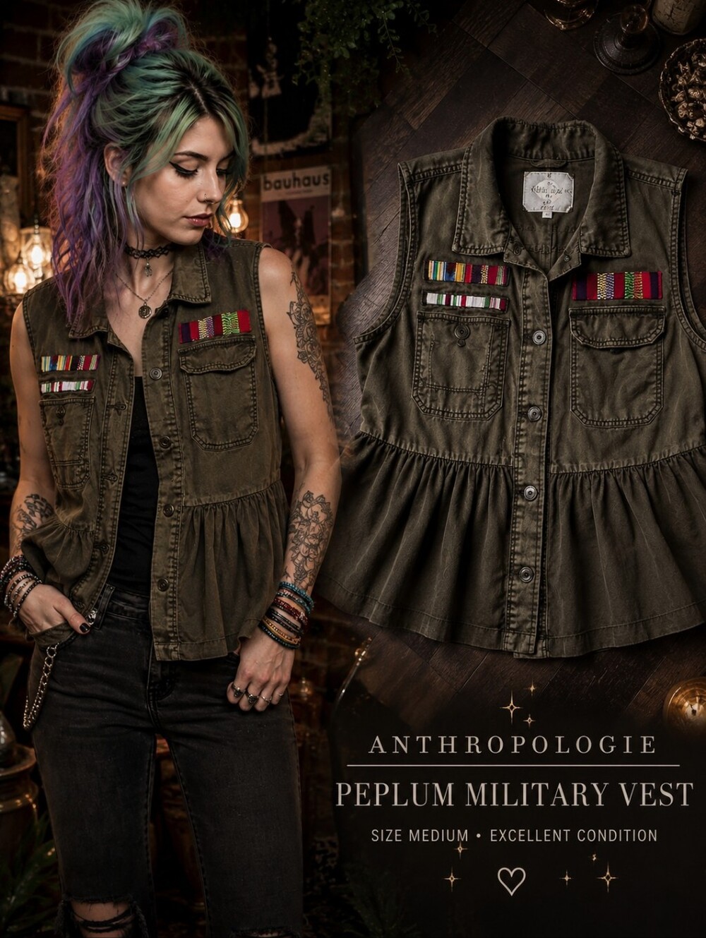 Anthropologie Military Green Button-Front Sleeveless Shirt
